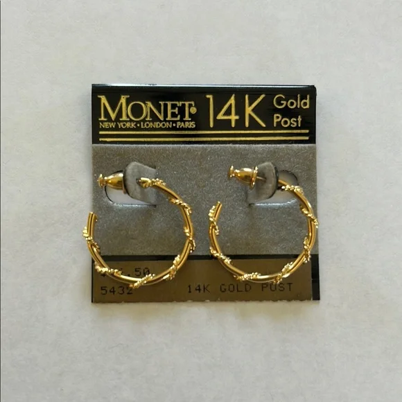 Vtg Monet 14K Gold Hoop Earrings Set - Picture 3 of 5
